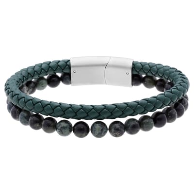Lucardi - Heren Stainless steel kralenarmband groene jasper - Armband - Staal - Zilverkleurig - 19 cm
