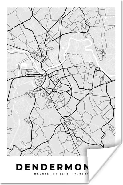 Poster Stadskaart – Zwart Wit - Kaart – Dendermonde – België – Plattegrond - 120x180 cm XXL