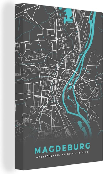 Canvas Schilderij Blauw – Duitsland – Plattegrond – Stadskaart – Kaart – Magdeburg - 20x30 cm - Wanddecoratie
