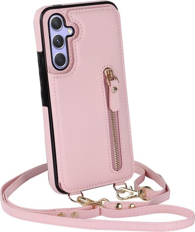 Casemania Hoesje Geschikt voor Samsung Galaxy S23 FE - Roze - Luxe Back Cover met Koord & Rits - Wallet Case met Pasjeshouder - Lanyard Telefoonhoes - Cord Case