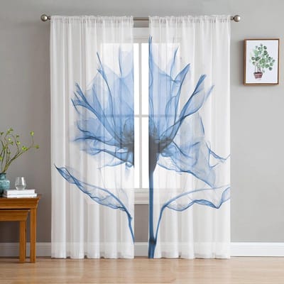 Abstracte gordijnen met blauwe bloemen en witte tule voor de woonkamer, moderne transparante gordijnen voor de slaapkamer. 135W x 114H(cm)