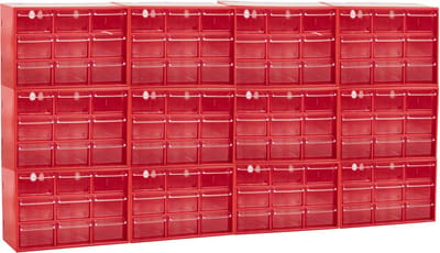 Plasticforte Sorteerbakjes spijkers/schroeven - 108x lades - 18.5 x 10 x 12 cm - opbergkastjes - ophangbaar - rood/transparant