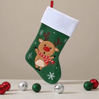 Kerstsok met Hanger - Rendier - Donkergroen - Kerstdecoratie