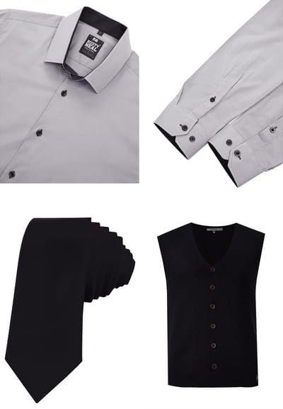 Driedelig pak met overhemd, vest en stropdas