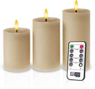 Meisterhome – 3 x Led Stompkaars - Beige – Stompkaars Echte wax - Led kaarsen - 10 / 12.5 / 15 cm Hoog - Met afstandsbediening – Timer 2/4/6/8 uur – Dimbaar