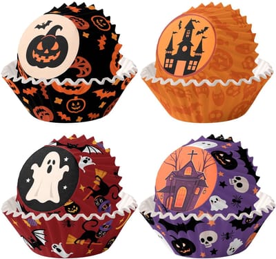 Dailygoods - 200 stuks Halloween muffinvormpjes papier, zwarte pompoen/paars huis/rode geest/oranje huis muffins bakvormpjes, papieren bakvormpjes muffin cupcake-liners wrapper voor bakken dessert party