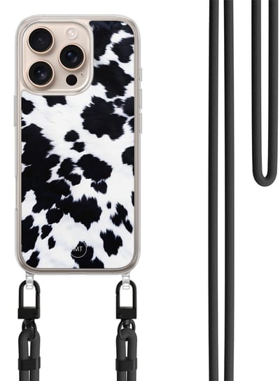 Hoesje met koord geschikt voor iPhone 16 Pro - Koeienprint - Inclusief zwart koord - Crossbody beschermhoes - Transparant, Zwart, Wit - Mooie Telefoonhoesjes