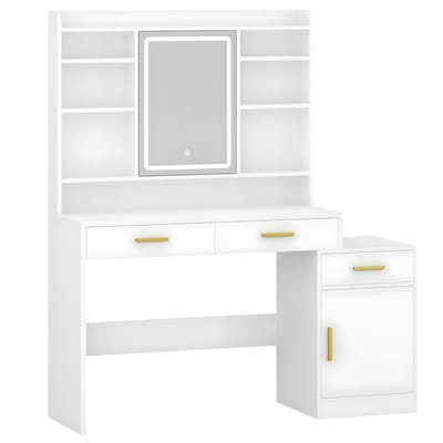 Dressing Table – Voor Slaapkamer en Kleedkamer – Kaptafel met Grote Spiegel, 3 Lades, 1 Kast en Open Multi-Level Vakken – Wit / Modern
