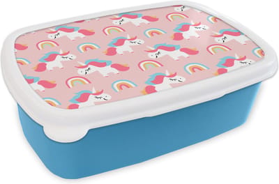 Broodtrommel Blauw - Lunchbox - Brooddoos - Unicorn - Regenboog - Roze - Patroon - 18x12x6 cm - Kinderen - Jongen