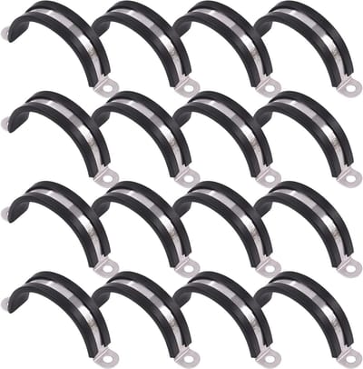Set van 16 U-buis klemmen van 45 mm met 2 gaten, RVS met rubberen kussen voor buisbevestiging