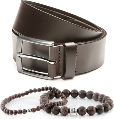 DTCH.FIT Kralen armband Bill Brown one size & Leren riem Finn Donkerbruin - 3,5cm breed - 85cm - Totale lengte 100cm