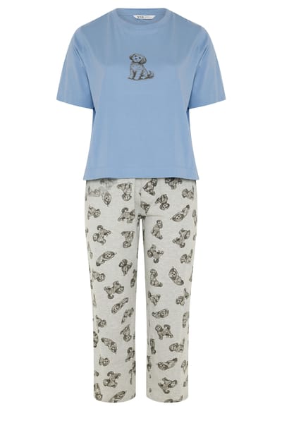 Yours Curve Pyjama Met Puppyprint En Wijde Pijpen In Blauw Size 40-42