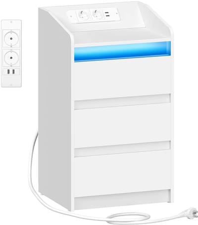 Venzor - Nachtkastje met 3 Lades – 35 x 40 x 68 cm - Oplaadstation met 2 AC‑Stopcontacten & 2 USB‑Poorten – LED‑Verlichting – Wit - Industrieel Bedkastje met Opbergvakken