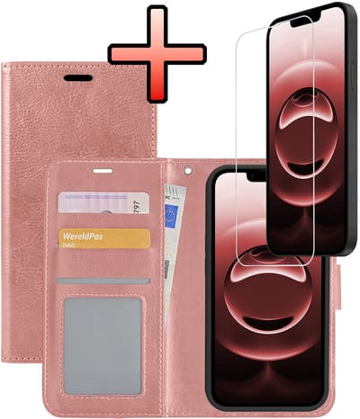 Hoesje - Met Screenprotector - Geschikt voor Apple iPhone 16e / 17e - Luxe Pasjeshouder - Bookcase Portemonee - Flip Case - Kunstleer Book Case - Flipcase - Book Cover - Walletcase - Portemonneehoes - Rosé goud