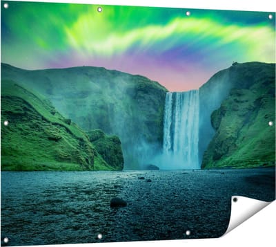 Gards Tuinposter Waterval met het Groene Noorderlicht - 120x90 cm - Tuindoek - Tuindecoratie - Wanddecoratie buiten - Tuinschilderij