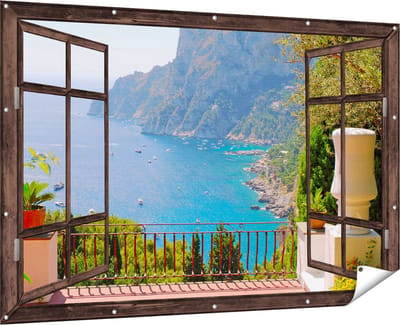 Gards Tuinposter Doorkijk Vergezicht vanaf het Terras op Bergen - 180x120 cm - Tuindoek - Tuindecoratie - Wanddecoratie buiten - Tuinschilderij