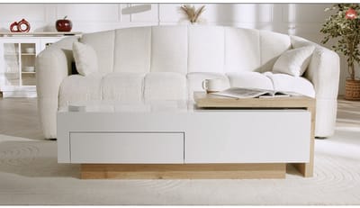 Vente-unique Verlengbare salontafel met 1 lade en 1 nis - Naturel en wit - MANDREA