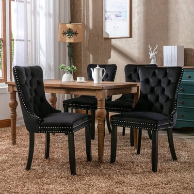 Clruro Collectie - Velvet Eetkamerstoelen Set van 2 - Houten Poten & Nailhead Trim - Zwart