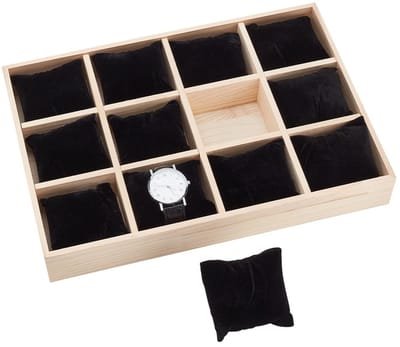 PandaHall Houten horloge-organizer met 12 sleuven, horlogehouder met verwijderbare fluwelen kussens, stapelbare sieradenarmband, opbergbak voor lade, horloge, vitrine, zwart