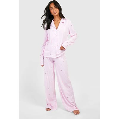 boohoo Dames Petite pinstripe heart print lang mouw overhemd & broeken-pyjama set | Pink | Maat: 14