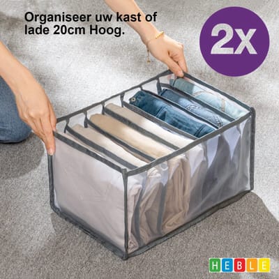 Heble® - "2 STUKS Lade-Organizer voor Jeans en Broeken - 36x25x20 - Grijs - Groot Formaat"
