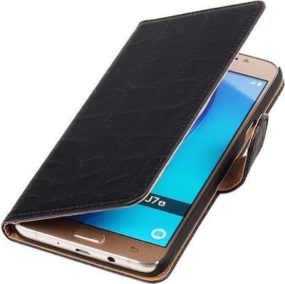 Zwart Krokodil booktype cover hoesje voor Samsung Galaxy J7 2016
