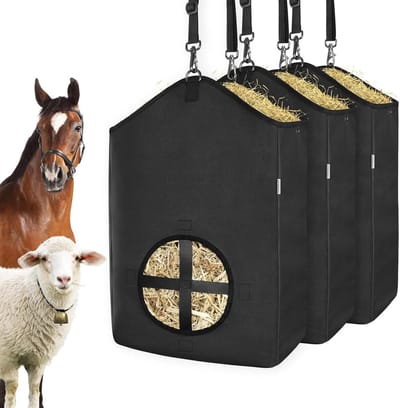 KZQ 3 Stuks Hooivoederzak voor Geiten, Paarden en Schapen, van Premium 600D Oxford Stof met Metalen Sluiting en Verstelbare Voedingsopening voor Langzaam Voeren