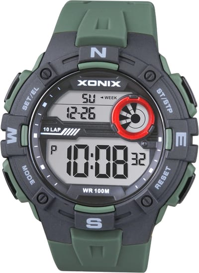 Xonix DAG-A02 - Horloge - Polshorloge - Digitaal - Heren - Mannen - Rond - Siliconen band - ABS/Kunststof - Achtergrondverlichting - Alarm - Start/Stop - Tweede tijdzone - Datumaanduiding - Waterdicht - DonkerGroen - Zwart