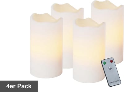 Star Trading adventskaarsenset, 4 stuks, pilaarkaarsen, was, wit, LED, timer, warm wit, afstandsbediening, 10 cm