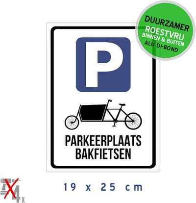 Pictogram/ bord Dibond | "Parkeerplaats bakfietsen" | 19 x 25 cm | Fietsen | Fietsenstalling | Carbobike | Vrachtfiets | Stalling | Fietsers | Duurzaam | Roestvrij | 1 stuk