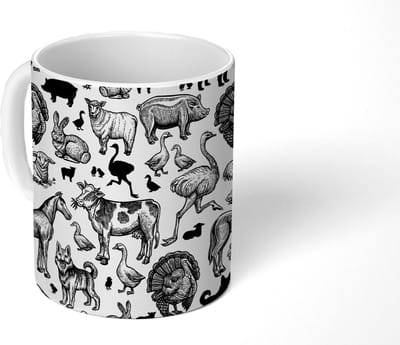 Mok - Koffiemok - Patroon - Dieren - Zwart Wit - Mokken - 350 ML - Beker - Koffiemokken - Theemok
