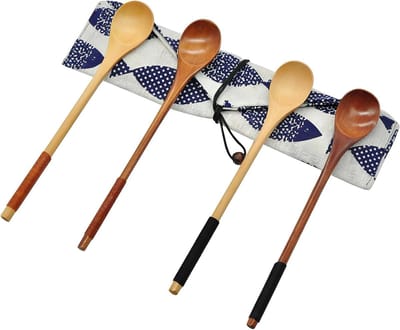 Houten Roerlepel Set van 4 - Natuurlijke Houten Lepels voor Koffie, Thee en Koken met Lange Handgreep