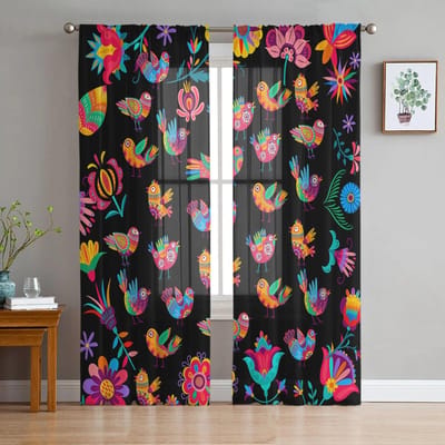 Mexicaans Festival Patroon Textuur Slaapkamer Transparante Dunne Gordijnen Vakantiedecoratie Raam Voile Tule Gordijn 135W x 114H(cm) white