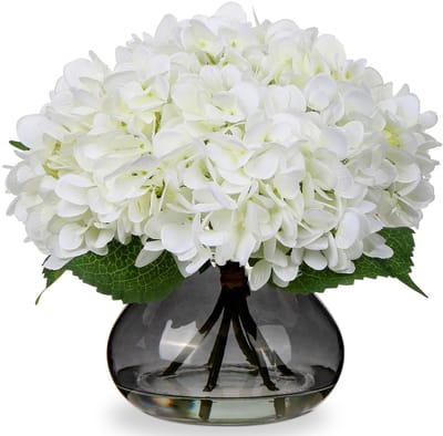 Dailygoods- Kunsthortensia - Kunstbloemstuk met 4 hoofden - Nep bloemen in glazen vaas - Faux water - Zijde - Natuurlijk ogend en niet-giftig - Nepbloem