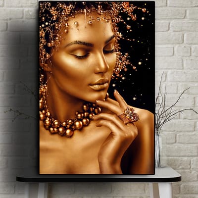 Allernieuwste.nl® Canvas Schilderij Sexy Gouden Naakte Vrouw met Sieraden - Kunst aan je Muur - Kleur Goud-Zwart - 50 x 70 cm