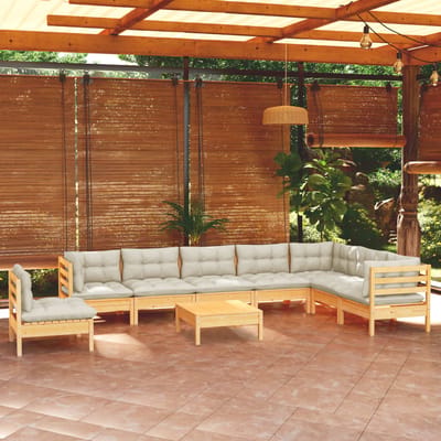 vidaXL - 9-delige - Loungeset - met - crèmekleurige - kussens - massief - grenenhout