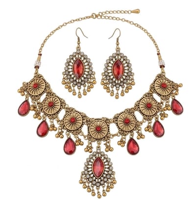 Goudkleurige choker ketting met rode druppelvormige hangers – ketting voor dames – traditioneel design – statement ketting