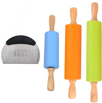 Siliconen deegroller met houten handvat en antiaanbaklaag - 3-delige set voor het maken van pasta en deeg