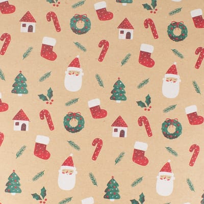 Inpakpapier Kerst - Bruin cadeaupapier met kerstfiguren - Kraftpapier Kerstman, zuurstok, krans en dennetak - Rol 50 cm breed en 100 meter lang - 100% gerecycled papier - FSC keurmerk