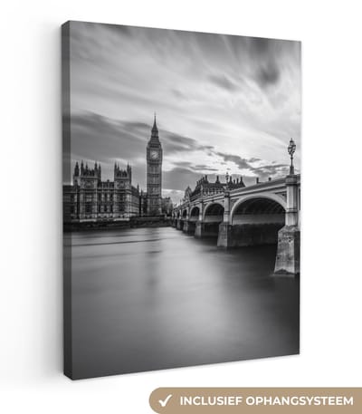 Canvas schilderij Big Ben London 30x40 - Kamer decoratie accessoires - Huisdecoratie zwart wit - Schilderijen woonkamer - Wanddecoratie slaapkamer - Muurdecoratie keuken - Wanddoek interieur binnen - Woondecoratie huis - Woonaccessoires