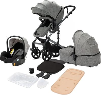 3-in-1 Kinderwagen met Autostoel en Reiswieg – Opvouwbaar – Verstelbare Rugleuning – Grijs