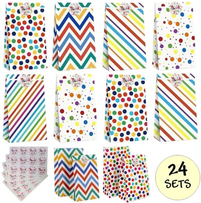 24 Gekleurde Uitdeelzakjes Party Mix Met Stickers - 13x8x24cm - Stevig Papier - Traktatie Zakjes - Papieren Zakjes - Cadeau Zakjes - Met Blokbodem - Sluitstickers - Party Mix - 24 Stuks