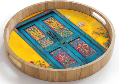 Dienblad rond 40x40 cm - Schootdienblad hout - Deuren - Kleurrijk - Planten - Borrelplank rechthoek - Plateau houten dienbladen