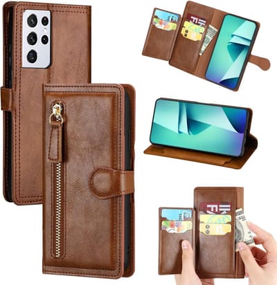 Premium vintage portemonnee hoesje met ritssluiting flip-cover hoes met kaarthoudersleuven Geschikt voor: Samsung Galaxy S21 - donker bruin