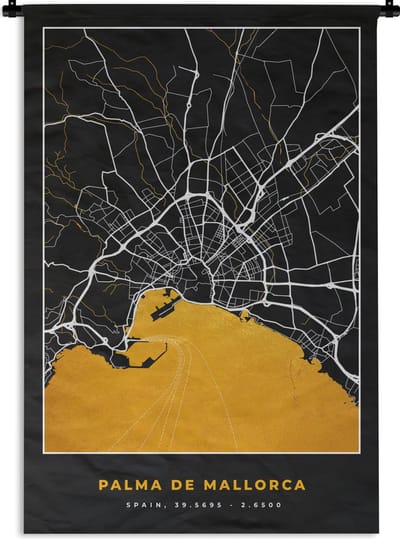 Wandkleed - Wanddoek - Mallorca - Stadskaart - Goud - Plattegrond - Kaart - 120x180 cm - Wandtapijt