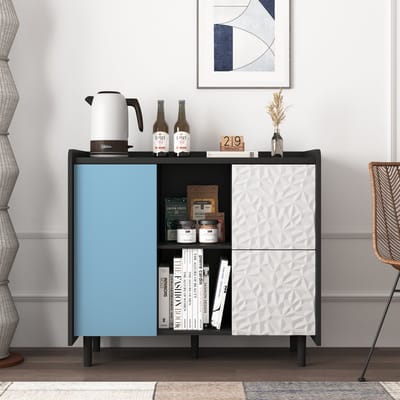 MODFU Zwart Sideboard met Blauwe Deuren, 2 Schuiven en 2 Open Opbergcompartimenten, Moderne Koffiebar en Accentkast voor Keuken of Eetkamer