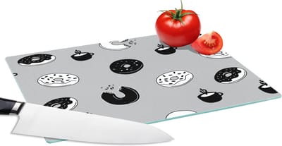 Glazen Snijplank - 28x20 - Donut - Patronen - Koffie - Zwart Wit - Snijplanken Glas