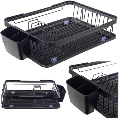 KADAX afdruiprek 33 x 43 x 12 cm, afdruiprek, afdruiprek met lekbak, bestekhouder, afdruiprek (zwart)