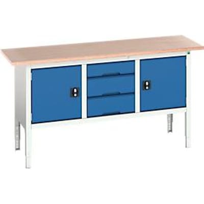 Bott verso box-type werkbank, met multiplex blad, 3 laden & 2 deuren, B 1750 x D 600 x H 830 - 930 mm, RAL 7035 lichtgrijs / RAL 5010 gentiaanblauw
