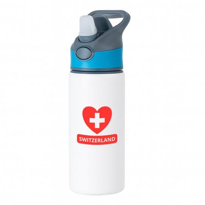 Hacebo® - Switzerland vlag hartje waterfles met rietje blauw - Zwitserland - reizigers - toerist - verjaardagscadeau - souvenir - vakantie - water fles - 650ML